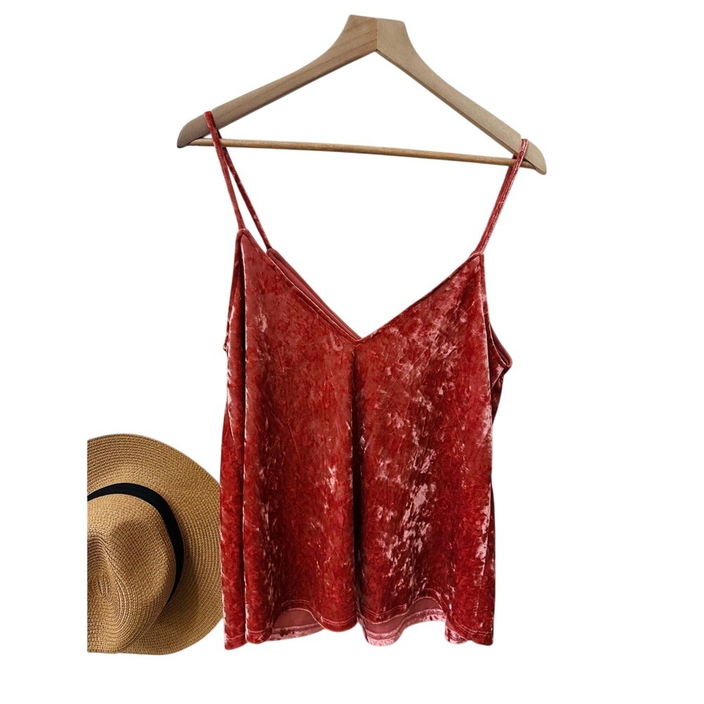 B.Original Camisole Medium Rust Orange Crushed Velvet V-Neck Spaghetti Strap Top
